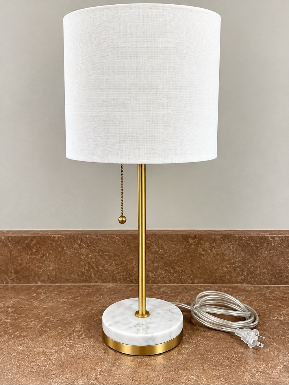 Source Unknown White Drum Lamp with Gold Stem and Marble Base